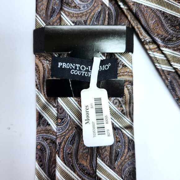 Pronto Uomo Couture Paisley Necktie Men's Silver & Gold 100% Silk Tie New - Picture 5 of 7